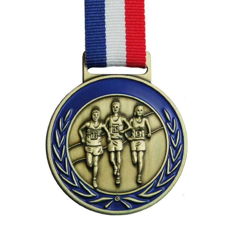 RUNNING MEDAL WITH RIBBON / BLUE ENAMEL 50MM GOLD
