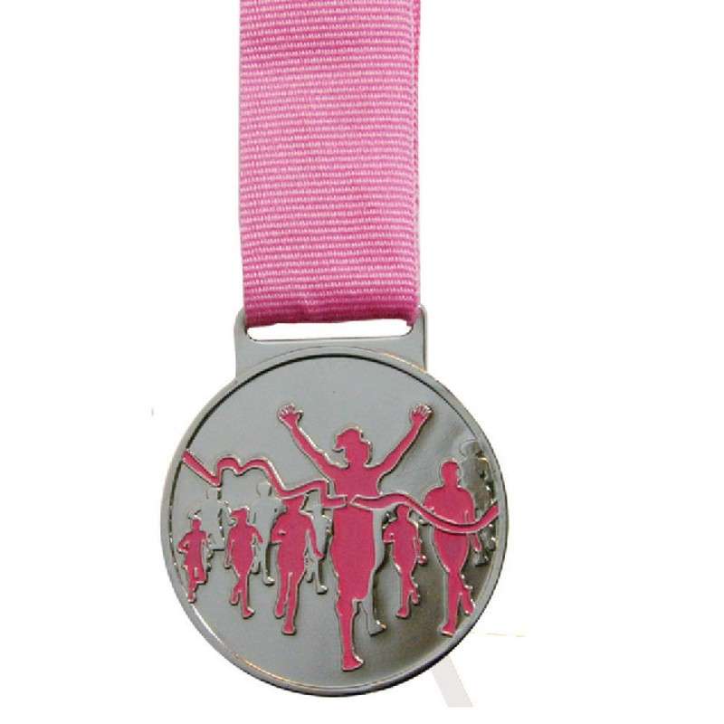 RUNNING MEDAL WITH PINK RIBBON / ENAMEL 50MM SILVER