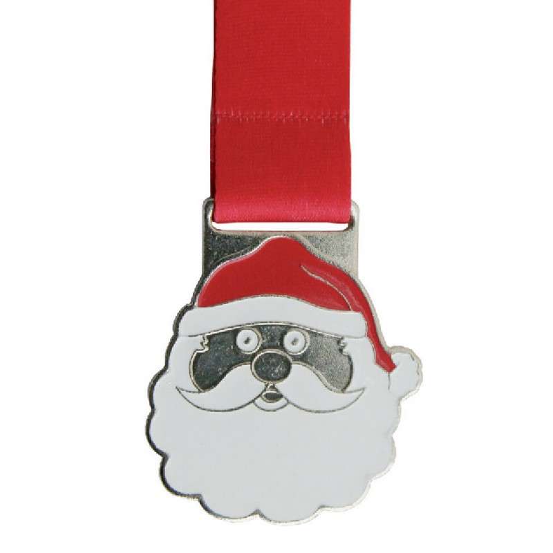 SANTA MEDAL WITH ENAMEL / RIBBON 50MM SILVER