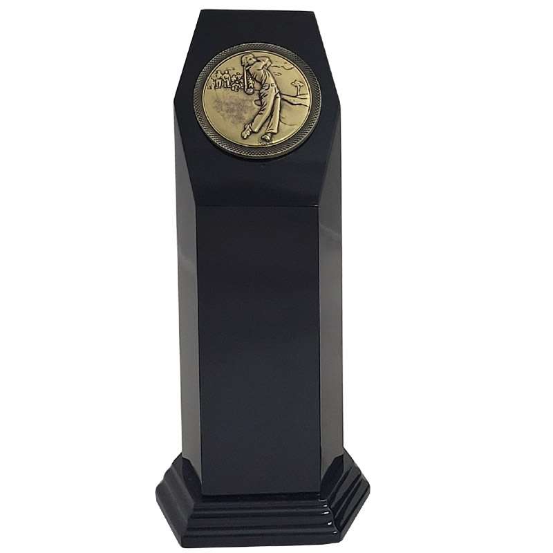 BLACK WOOD TROPHY WITH GOLF MEDAL