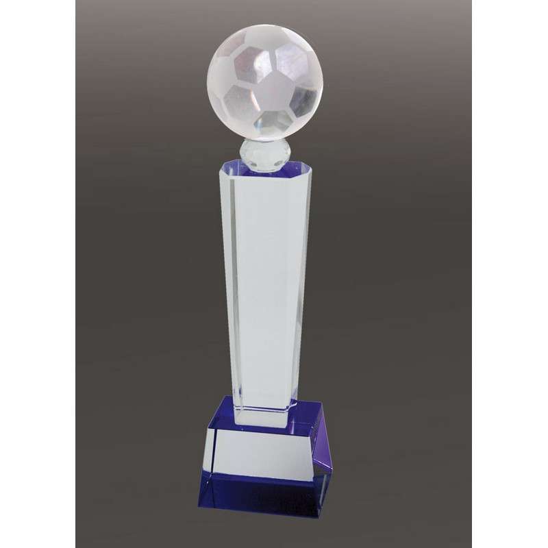 BLUE AND CLEAR GLASS FOOTBALL TOWER