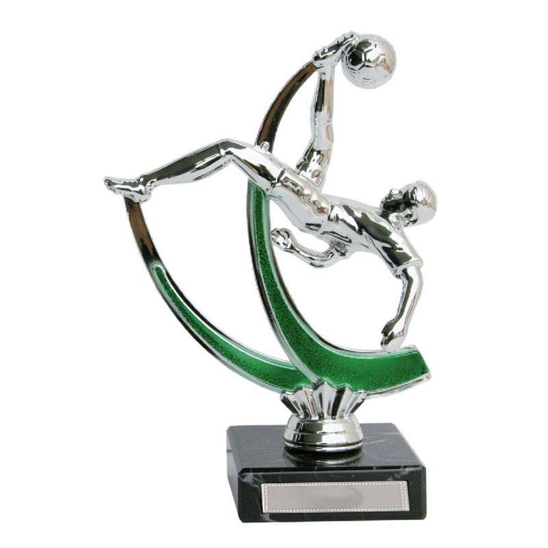 SILVER / GREEN OVERHEAD KICK FOOTBALL TROPHY