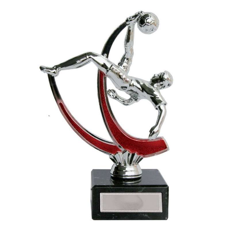 SILVER / RED OVERHEAD KICK FOOTBALL TROPHY
