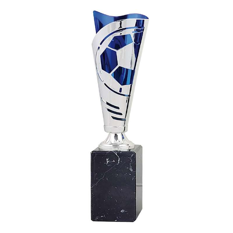 SILVER BLUE FLUTED METAL FOOTBALL CUP ON MARBLE BASE
