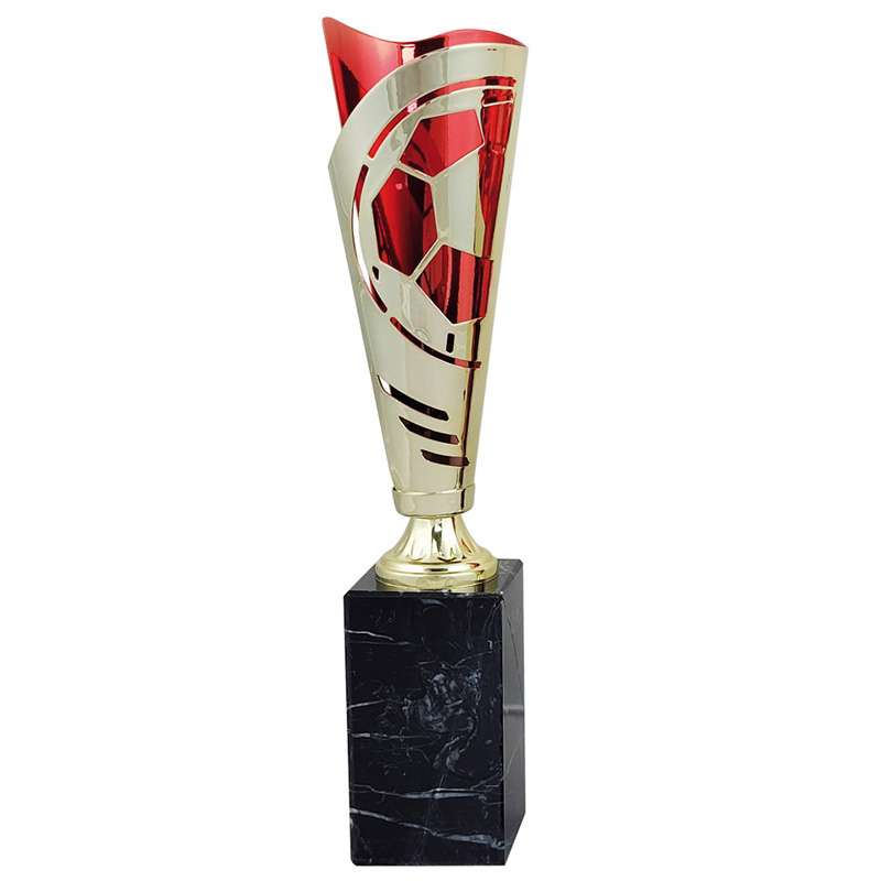 GOLD RED FLUTED METAL FOOTBALL CUP ON MARBLE BASE
