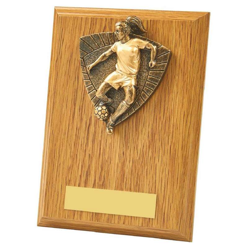 Female Footballer Wood Plaque Award – Light Oak