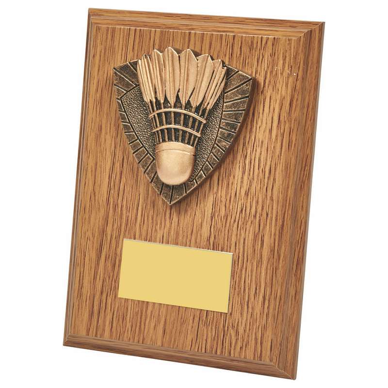 Wood Plaque with Resin Badminton Trim – Light Oak