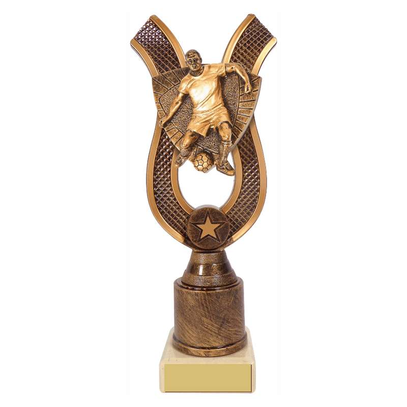 Antique Gold Ribbon Award with Resin Male Football Trim – Ant Gold