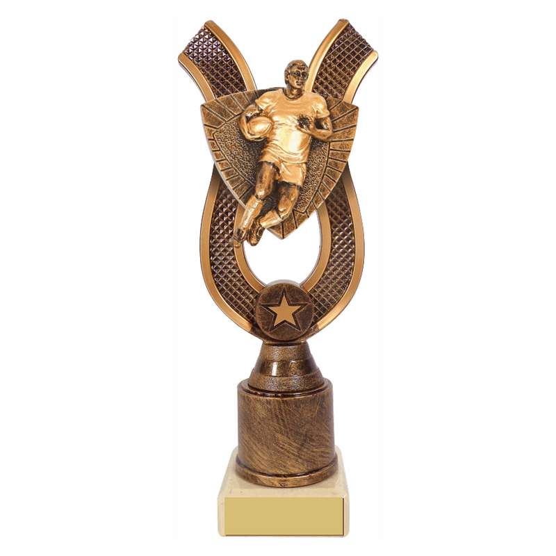 Antique Gold Ribbon Award with Resin Rugby Player Male Trim – Ant Gold