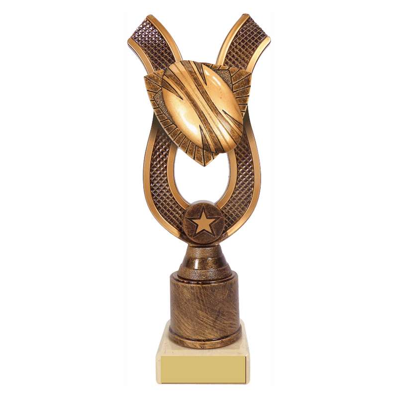 Antique Gold Ribbon Award with Resin Rugby Ball Trim – Ant Gold