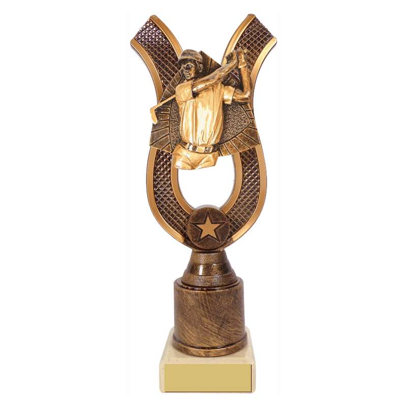 Antique Gold Ribbon Award with Resin Male Golf Trim – Ant Gold
