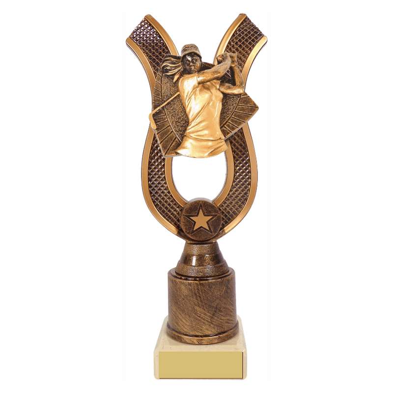 Antique Gold Ribbon Award with Resin Female Golf Trim – Ant Gold