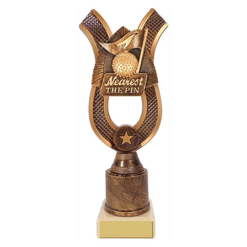Antique Gold Ribbon Award with Resin Golf Nearest the Pin Trim – Ant Gold