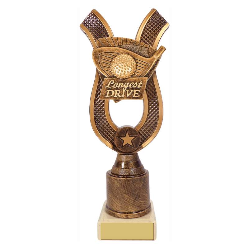 Antique Gold Ribbon Award with Resin Golf Longest Drive Trim – Ant Gold