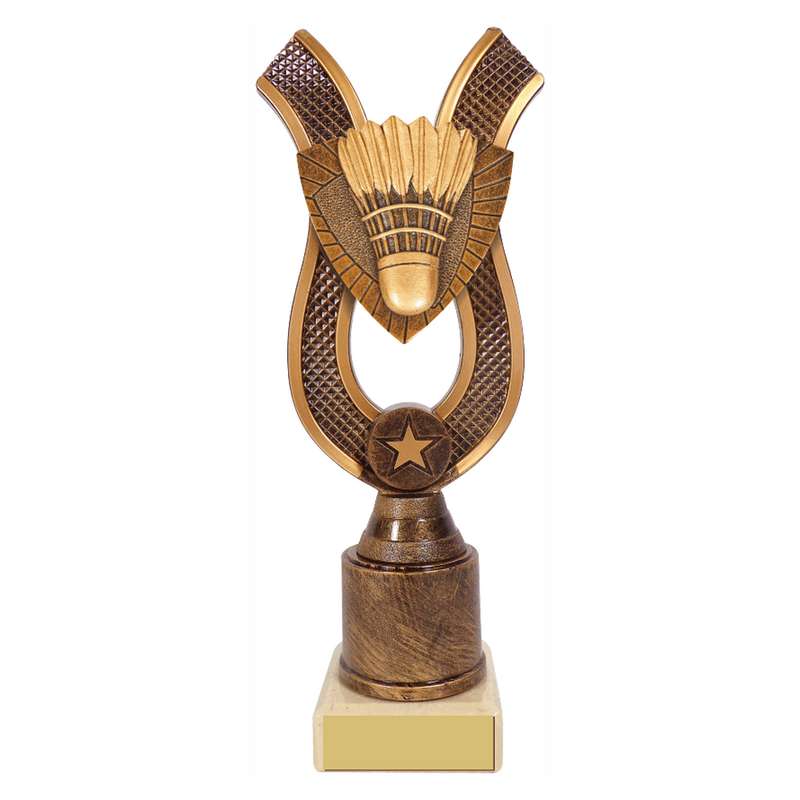 Antique Gold Ribbon Award with Resin Badminton Trim – Ant Gold