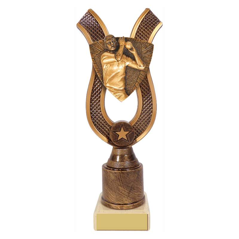 Antique Gold Ribbon Award with Resin Cricket Bowler Trim – Ant Gold