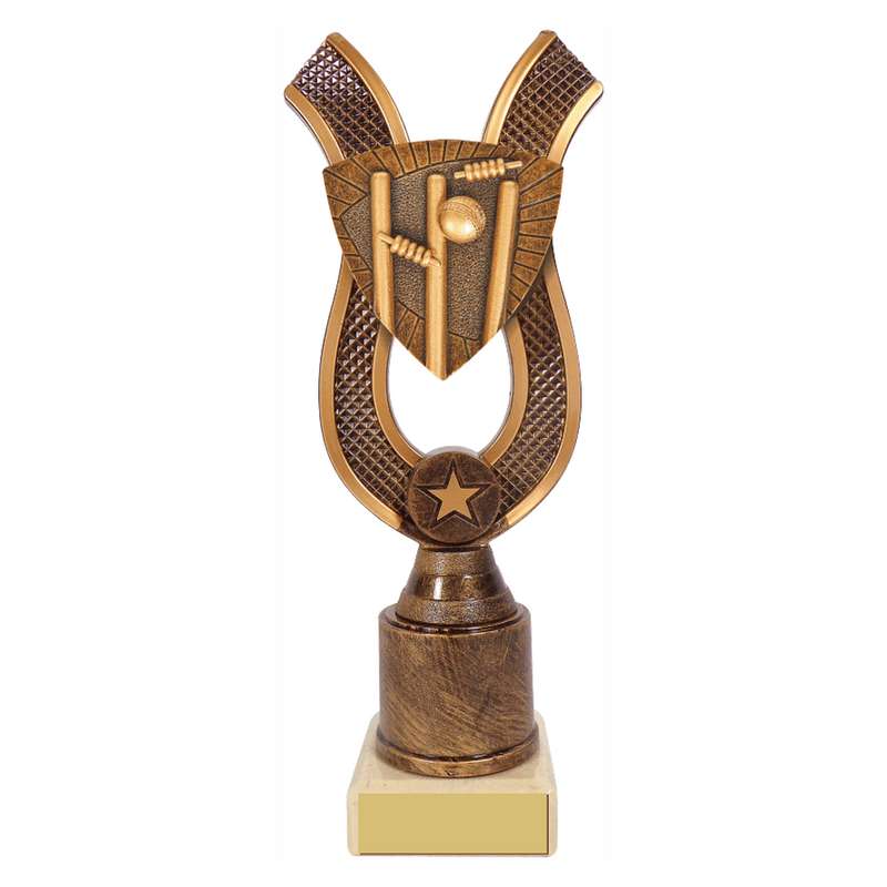 Antique Gold Ribbon Award with Resin Cricket Stumps Trim – Ant Gold