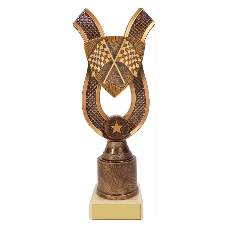 Antique Gold Ribbon Award with Resin Motor Sport Flag Trim – Ant Gold