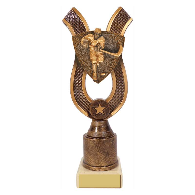 Antique Gold Ribbon Award with Resin Ice Hockey Trim – Ant Gold