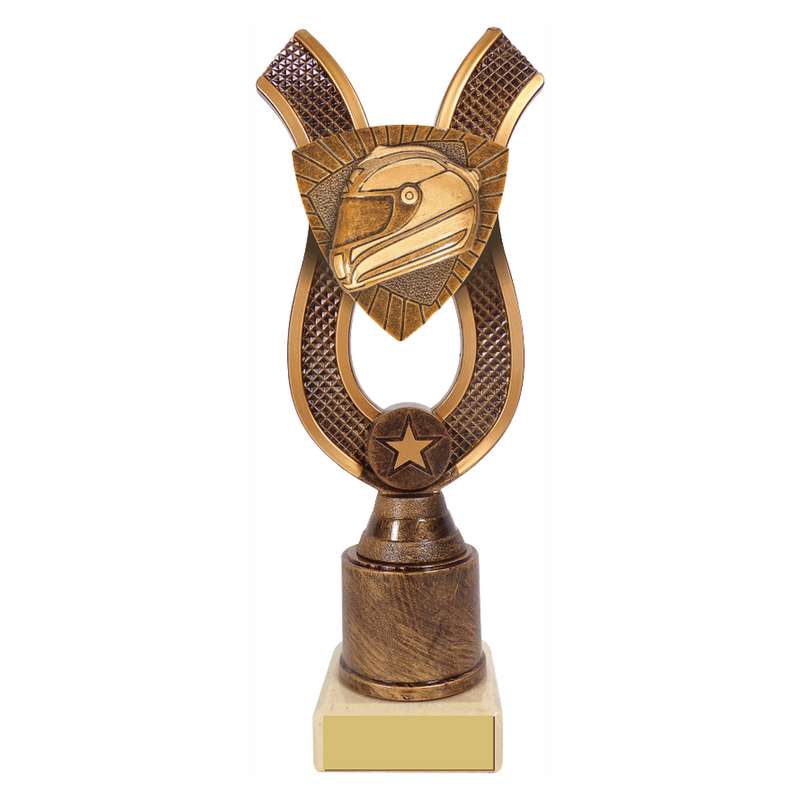 Antique Gold Ribbon Award with Resin Motor Sport Helmet Trim – Ant Gold