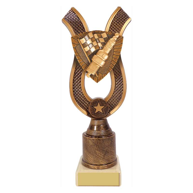 Antique Gold Ribbon Award with Resin Motor Sport Plug/Flag Trim – Ant Gold