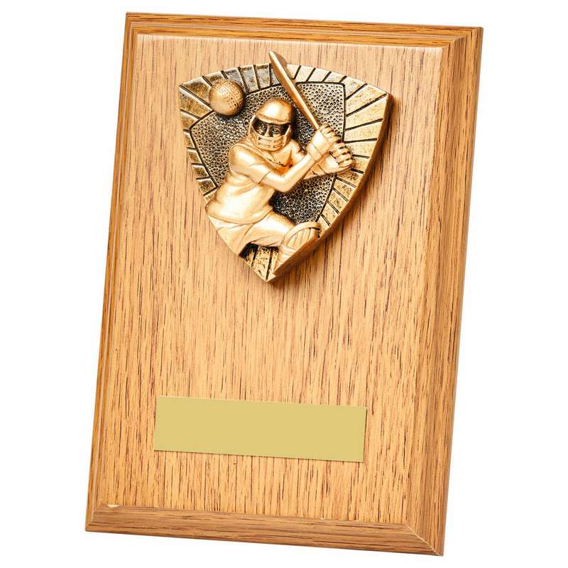 Cricket Batsman Wood Plaque – Light Oak