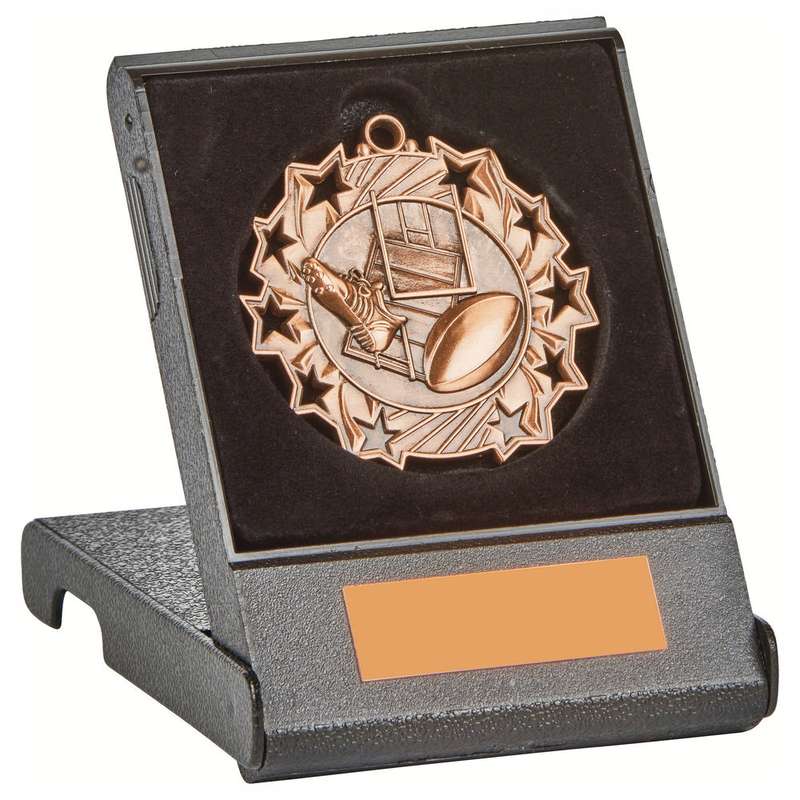 60mm Antique Gold Rugby Medal in Case – Gold