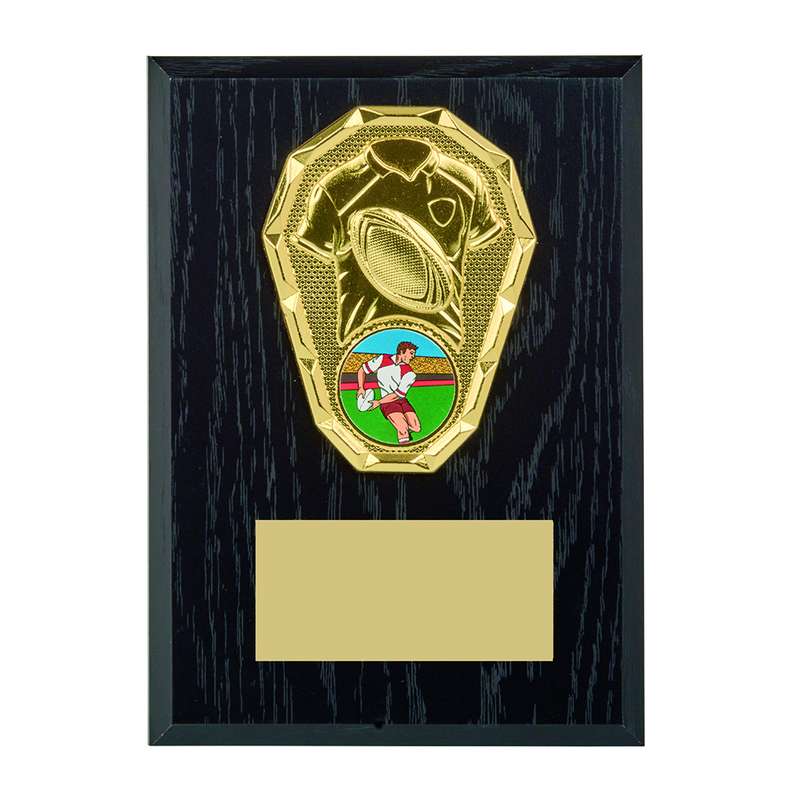 Black Wood Effect Plaque + Gold Rugby Trim – Black