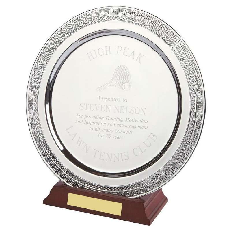 Silver Plated Salver on Wood Stand – Silver