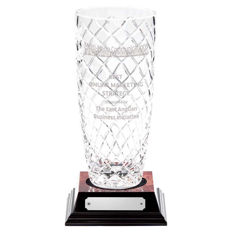 24% Lead Crystal Vase with Panel on Wood Base – Clear