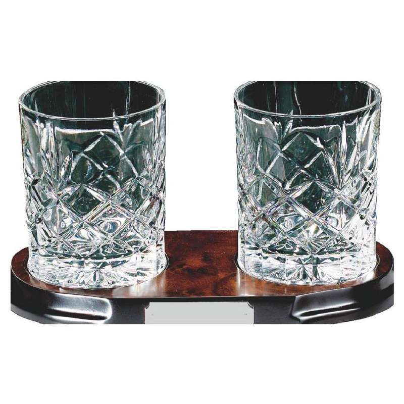 Two Crystal Spirit Glasses on Wood Stand – Clear