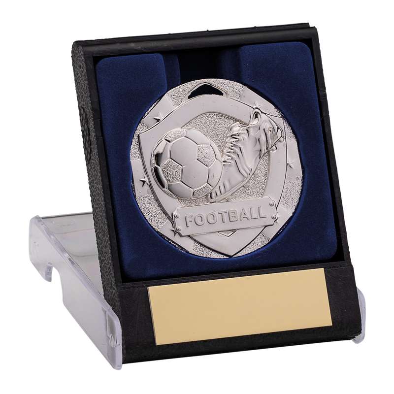 50MM SILVER FOOTBALL MEDAL IN BOX