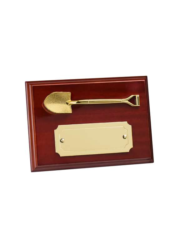 MB 7in x 5in Gold Finish Shovel Plaque Award – Gold/Brown