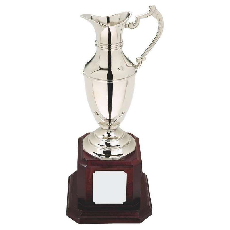 Nickel Plated Claret Jug on Tall Wood Plinth – Silver