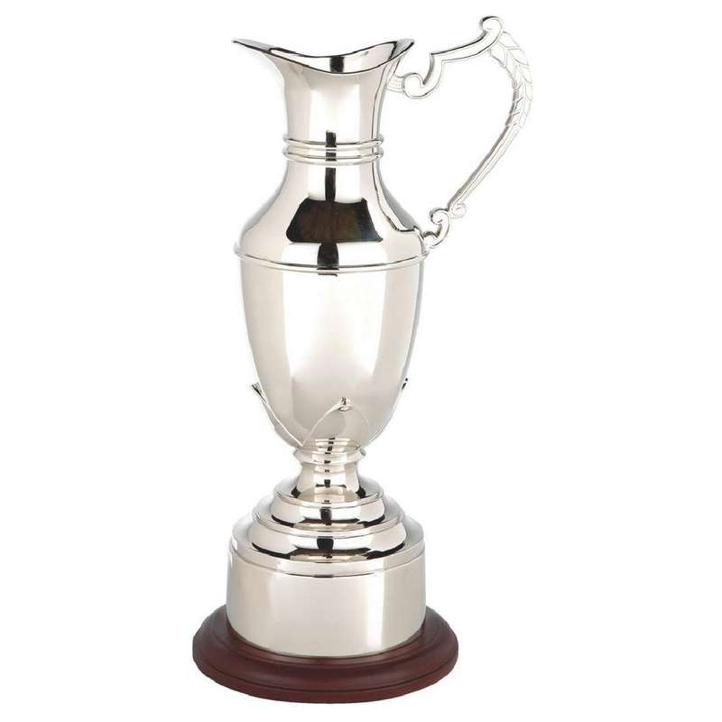 Nickel Plate Claret Jug on Wood Plinth with Band – Silver
