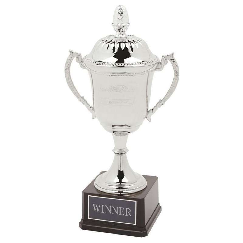 Nickel Plated Cup on Black Weighted Base with Lid – Silver