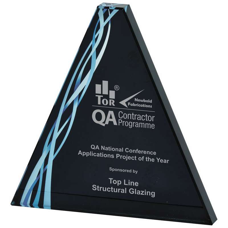 Triangular Blue Glass Award – Black Background – Clear