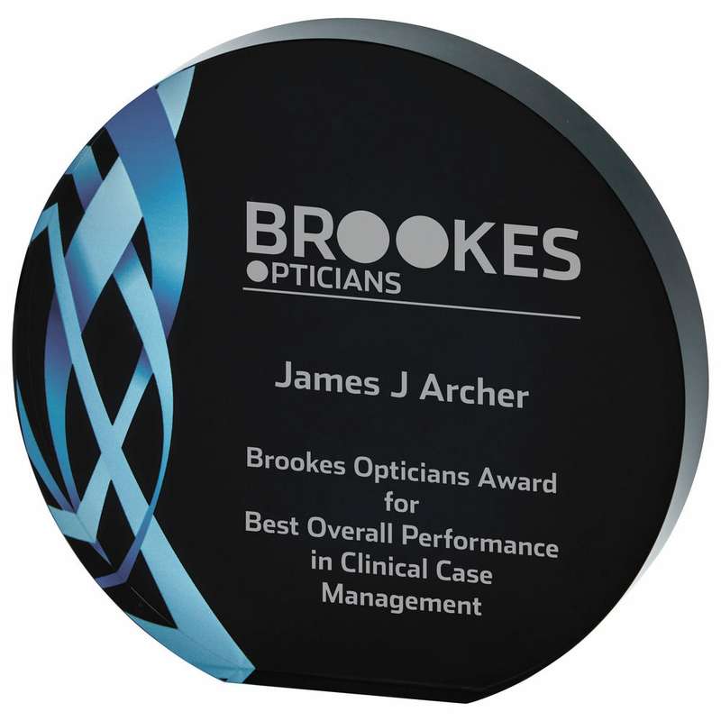 Circular Blue Glass Award – Black Background – Clear