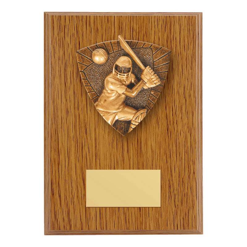 Wood Plaque with Resin Cricket Batsman Trim – Light Oak