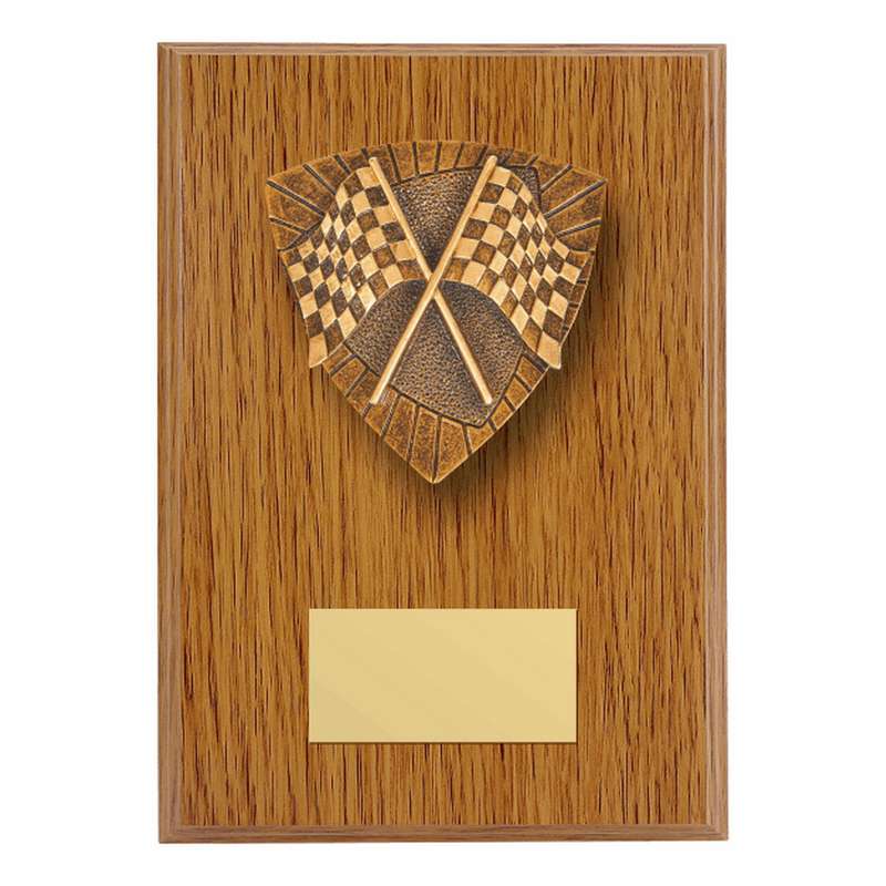 Wood Plaque with Resin Motorsports Flags Trim – Light Oak