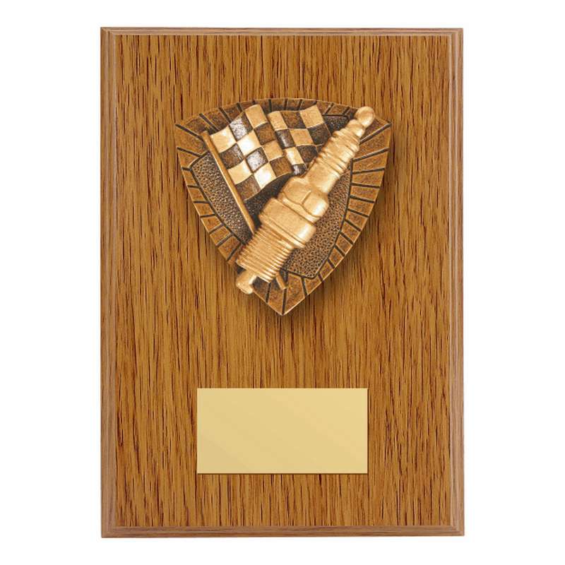 Wood Plaque with Resin Motor Sport Plug/Flag Trim – Light Oak