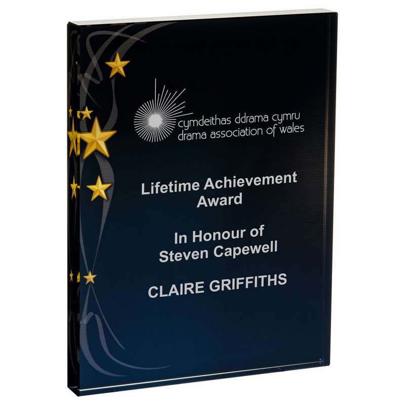 Rectangular Glass Award – Black Background with Gold Stars – Black