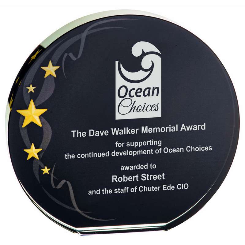 Circlular Glass Award – Black Background with Gold Stars – Black