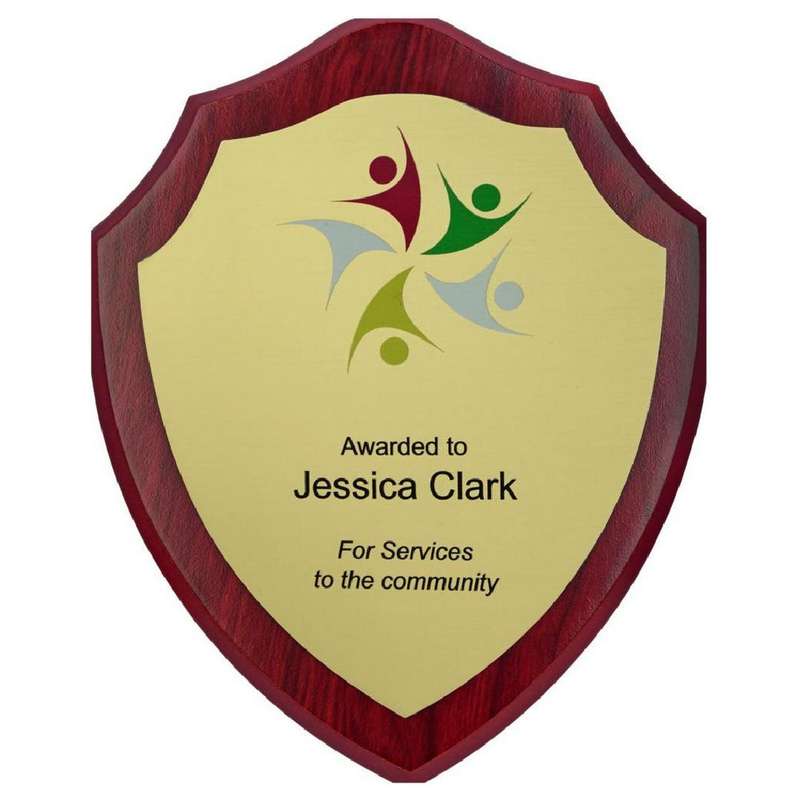 Wood Shield Award with Colour Laminate Front – PLEASE SPECIFY COLOUR IN NOTES – Dark Wood
