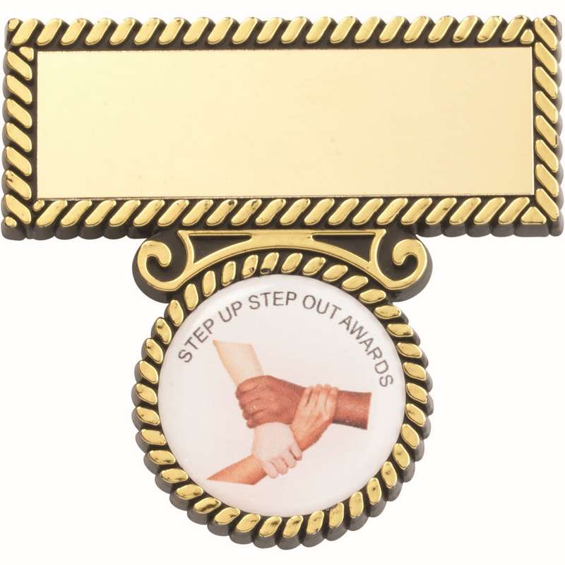 BLACK/GOLD PLASTIC BADGE AND BAR (1in CENTRE) – 2in