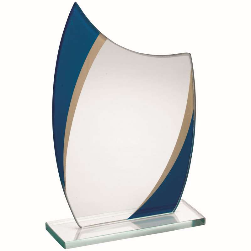 JADE GLASS CURVED PLAQUE WITH BLUE/GOLD HIGHLIGHTS (4mm THICK) – 6in