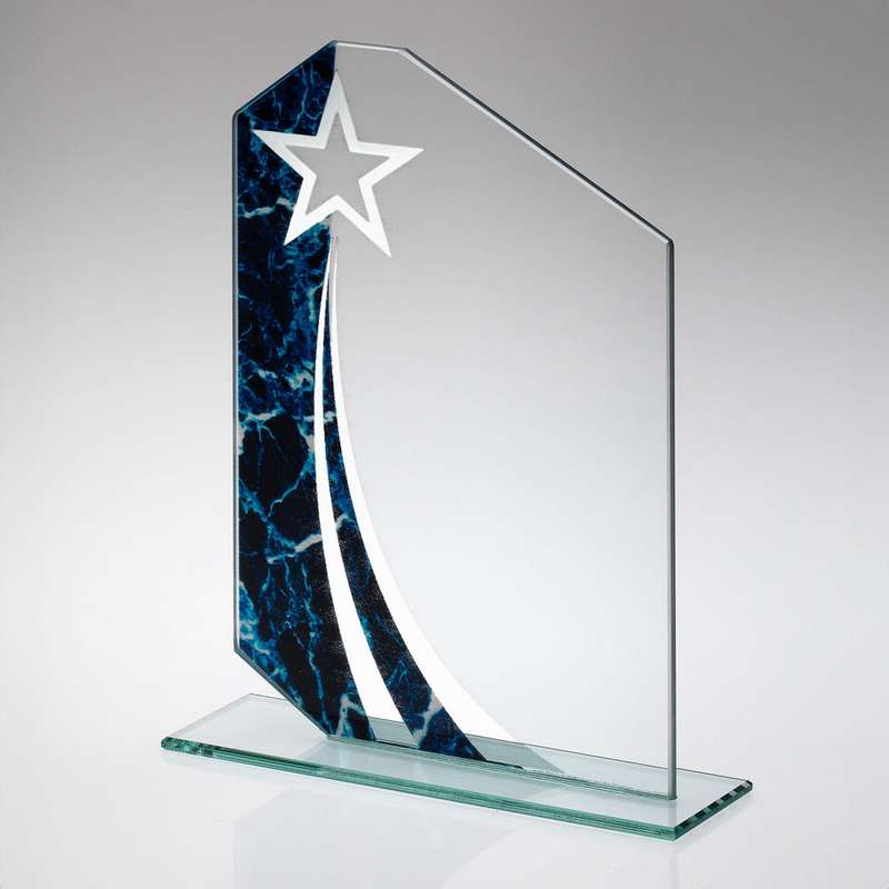 JADE GLASS PLAQUE WITH BLUE/BLACK MARBLE DESIGN (4mm THICK) – 6.5in