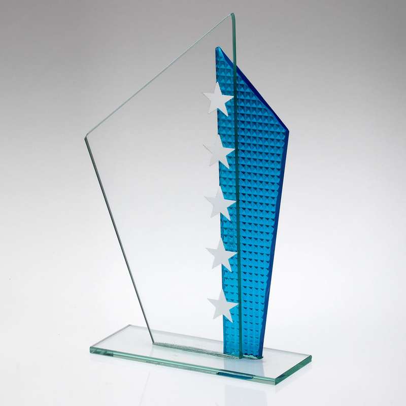 JADE GLASS PLAQUE WITH BLUE SHARD & SILVER STARS (4mm THICK) – 6.5in