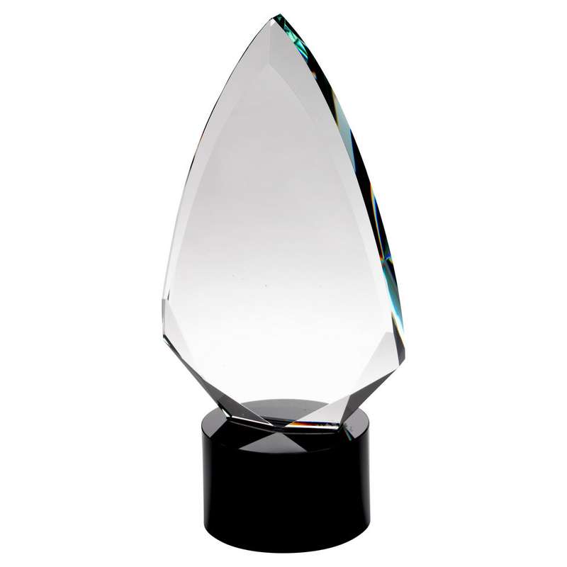CLEAR GLASS ARROWHEAD (20mm THICK) ON ROUND BLACK BASE – 9in