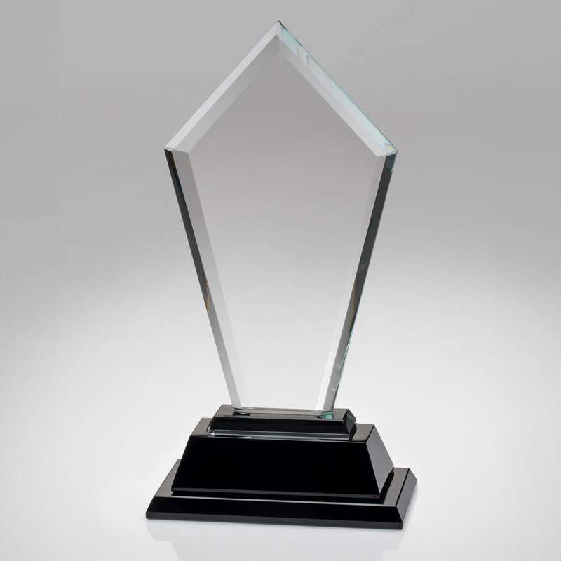 CLEAR GLASS TALL ARROW PLAQUE ON BLACK BASE (12mm THICK) – 12in